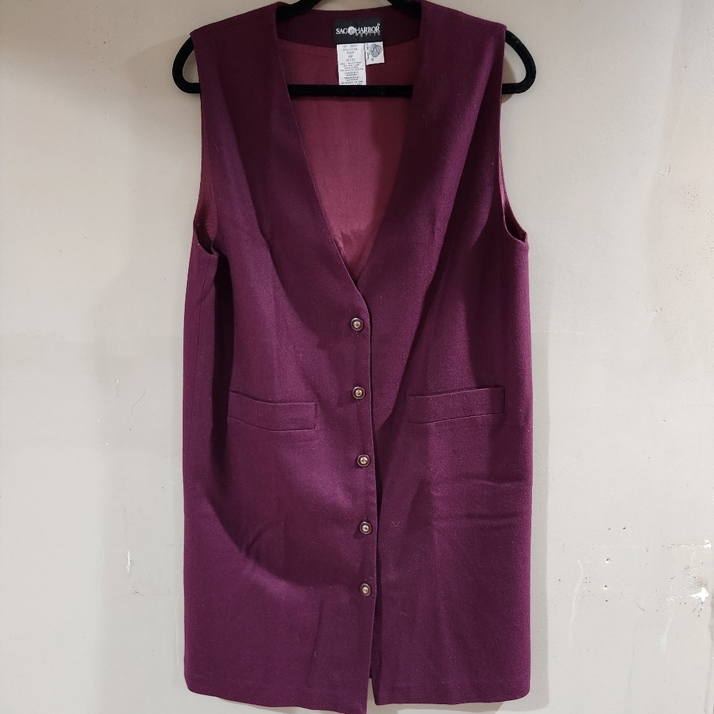 VTG Sag Harbor Wool Sleeveless Button down Dress Burgundy Red Size 10 P